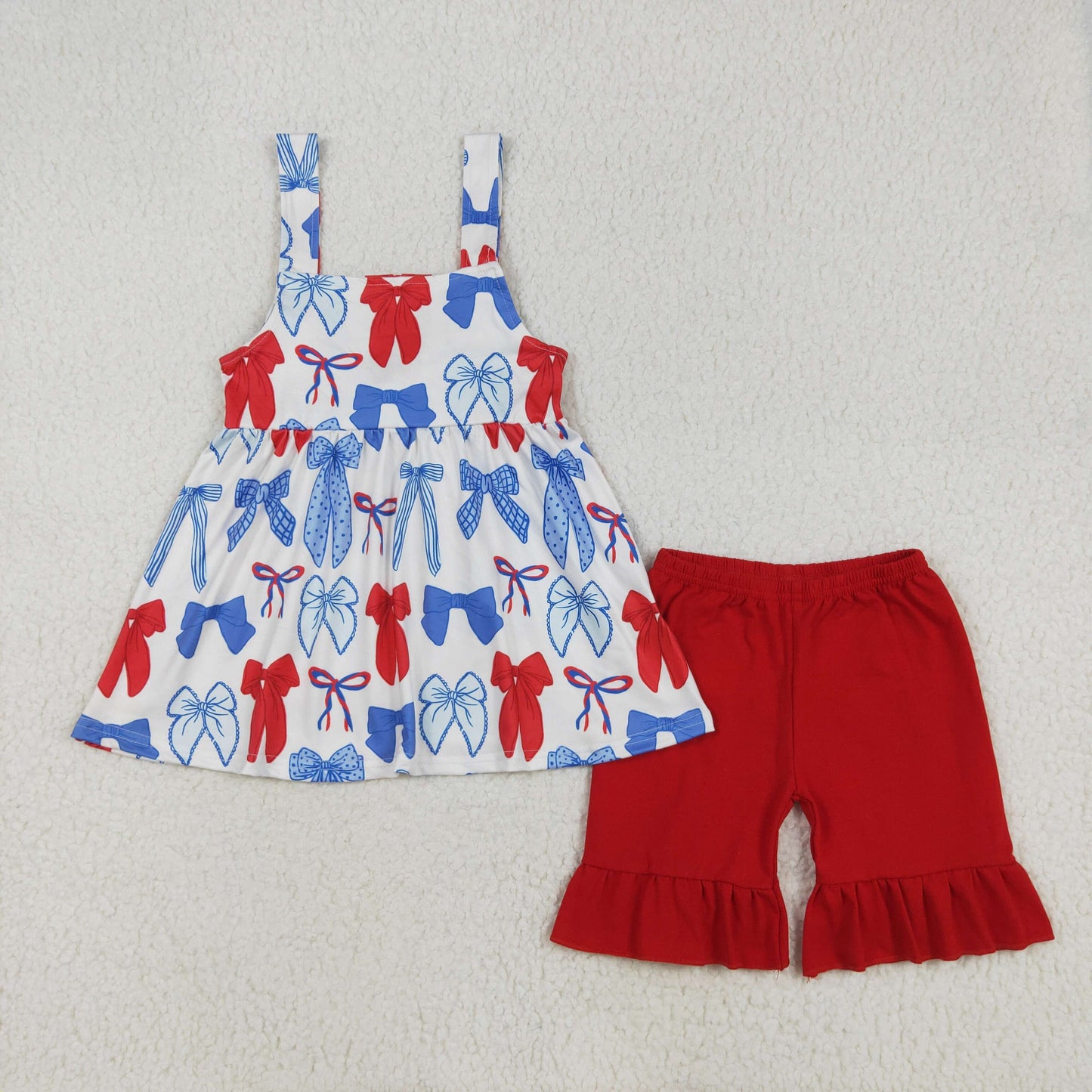 RTS NO MOQ ETA 5/7days Arrived GSSO1952 National Day bow pattern red lace sleeveless shorts set