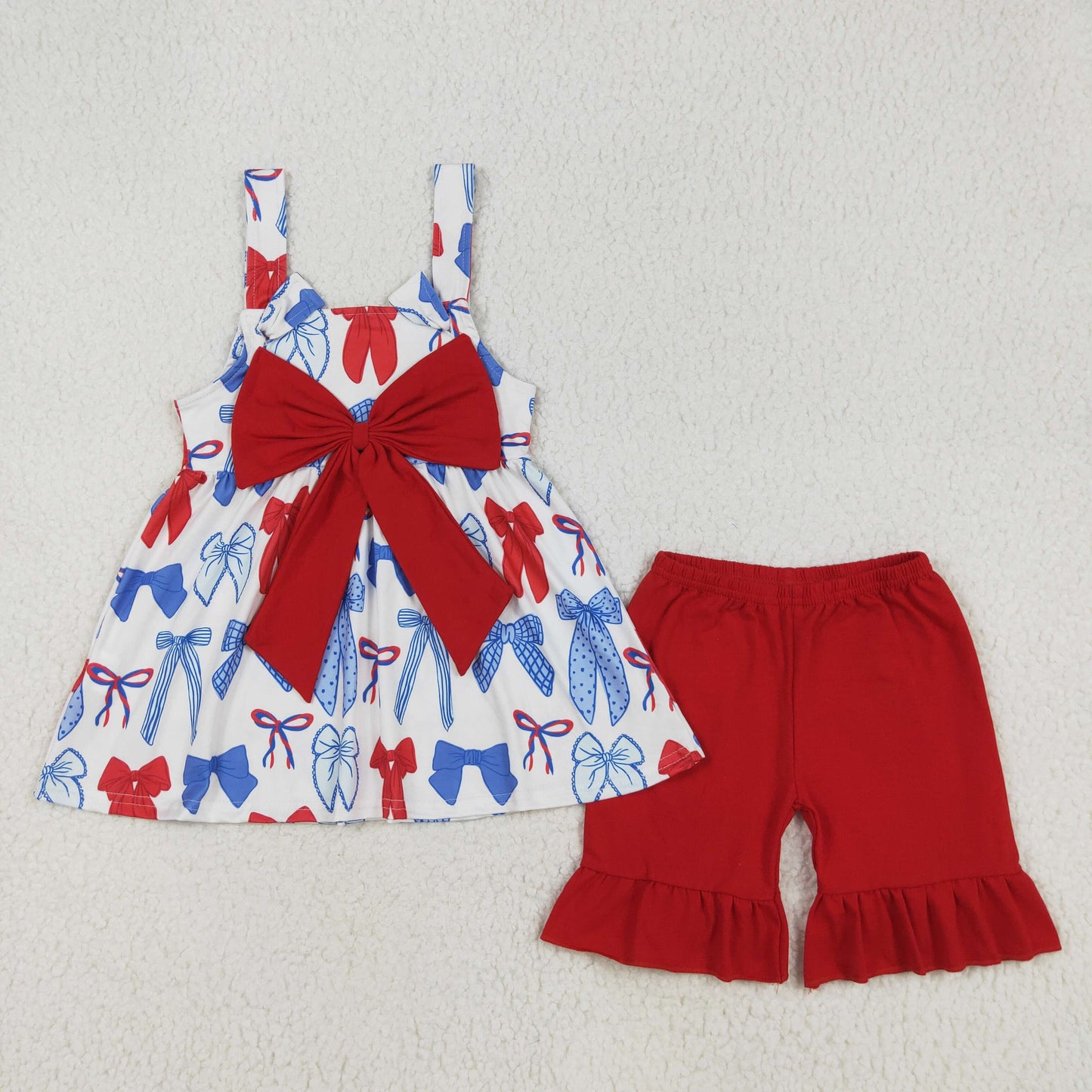 RTS NO MOQ ETA 5/7days Arrived GSSO1952 National Day bow pattern red lace sleeveless shorts set