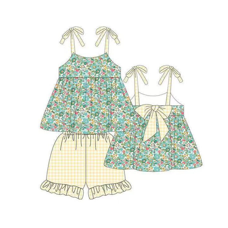 no moq GSSO1984 PRE-ORDER baby girl clothes floral suspender shorts set-2025.1.10