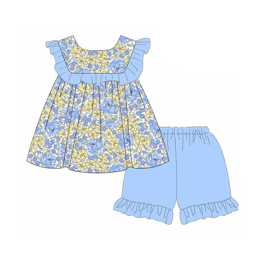 no moq GSSO1985 PRE-ORDER baby girl clothes floral blue short sleeve shorts set-2025.1.10