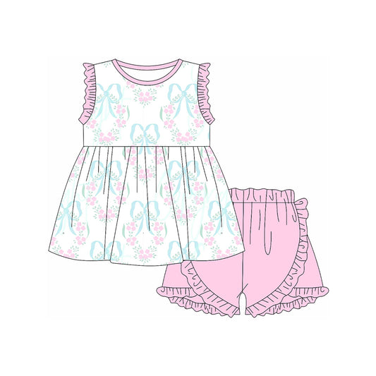 no moq GSSO1986 PRE-ORDER baby girl clothes floral bow suspender shorts set-2025.1.10