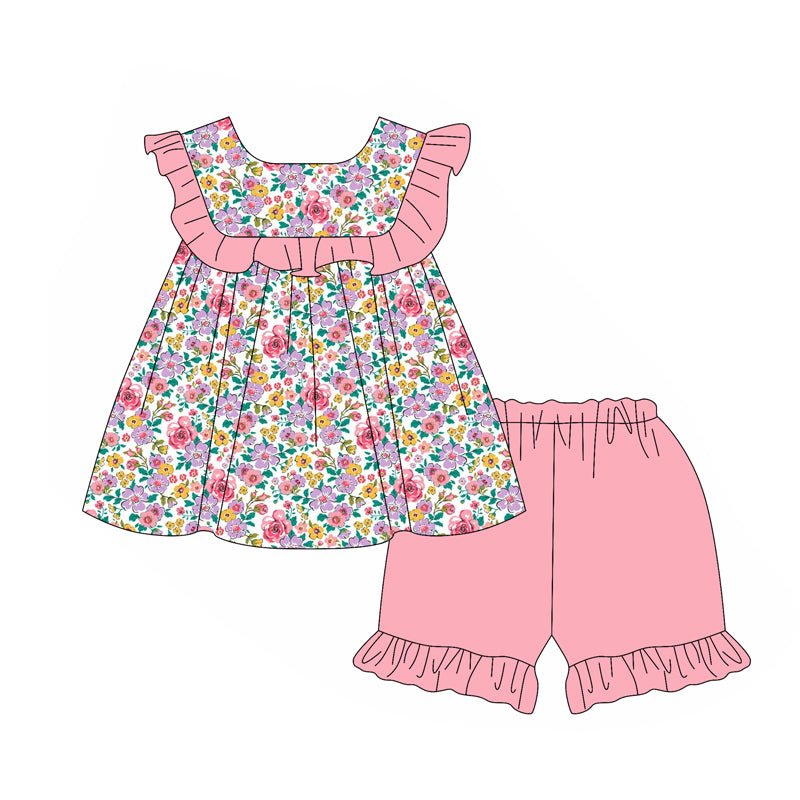 no moq GSSO2005 PRE-ORDER baby girl clothes floral flying sleeve shorts set-2025.1.11