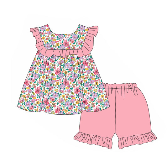 no moq GSSO2005 PRE-ORDER baby girl clothes floral flying sleeve shorts set-2025.1.11