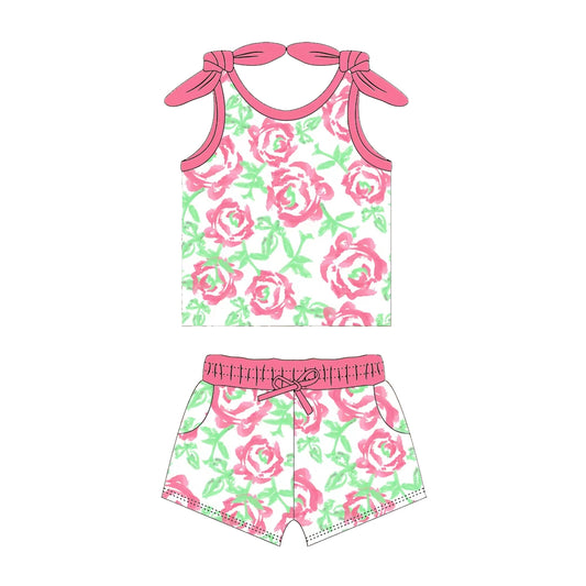 no moq GSSO2027 PRE-ORDER baby girl clothes floral suspender shorts set-2025.1.15