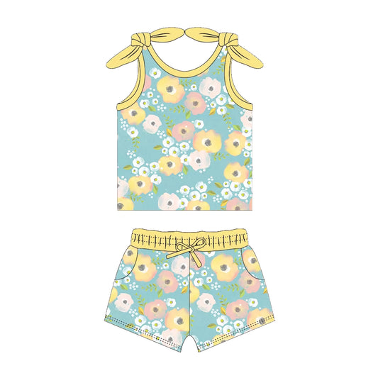 no moq GSSO2029 PRE-ORDER baby girl clothes floral suspender shorts set-2025.1.15