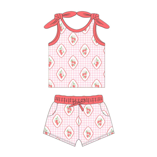 no moq GSSO2030 PRE-ORDER baby girl clothes strawberry suspender shorts set-2025.1.15