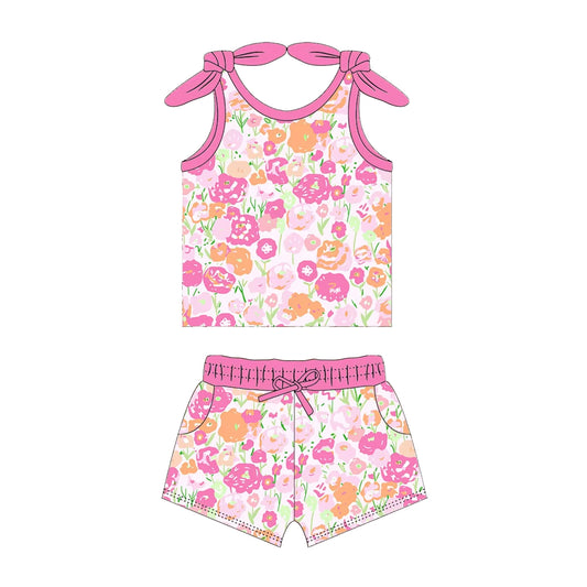 no moq GSSO2031 PRE-ORDER baby girl clothes floral suspender shorts set-2025.1.15