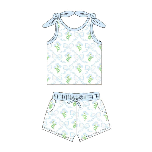 no moq GSSO2032 PRE-ORDER baby girl clothes floral bow suspender shorts set-2025.1.15