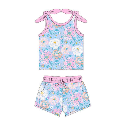 no moq GSSO2034 PRE-ORDER baby girl clothes floral suspender shorts set-2025.1.15