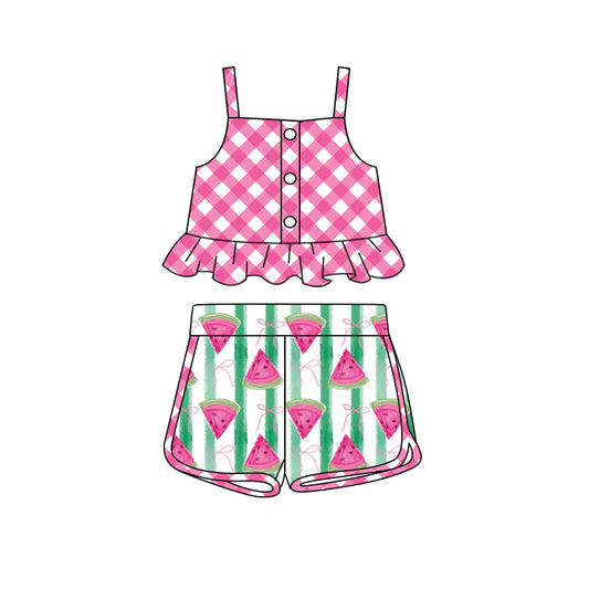 no moq GSSO2036 PRE-ORDER baby girl clothes watermelon bow suspender shorts set-2025.1.15