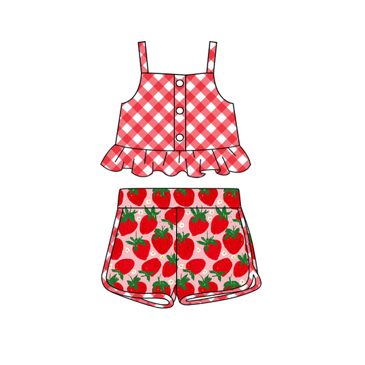 no moq GSSO2037 PRE-ORDER baby girl clothes strawberry suspender shorts set-2025.1.15