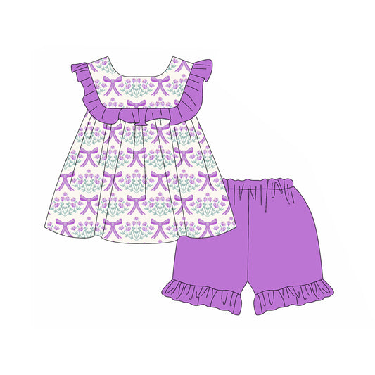 no moq GSSO2038 PRE-ORDER baby girl clothes bow floral sleeveless shorts set-2025.1.15