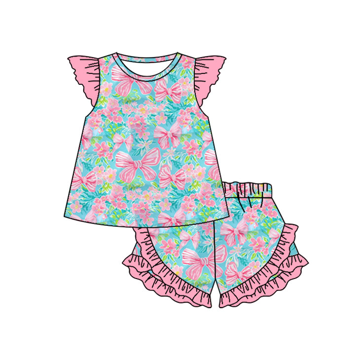 no moq GSSO2039 PRE-ORDER baby girl clothes bow floral flying sleeve shorts set-2025.1.15