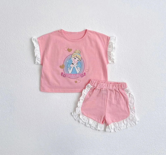 no moq GSSO2041 PRE-ORDER baby girl clothes disney princess pink short sleeve shorts set-2025.1.15