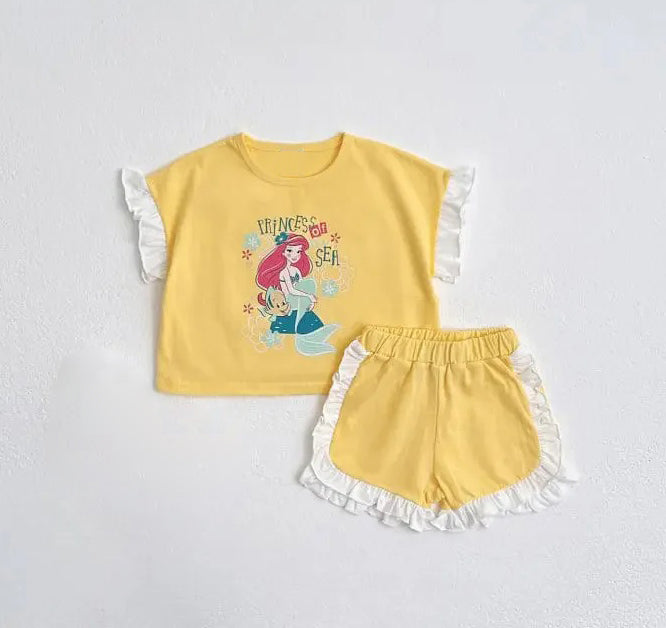 no moq GSSO2042 PRE-ORDER baby girl clothes disney princess yellow short sleeve shorts set-2025.1.15