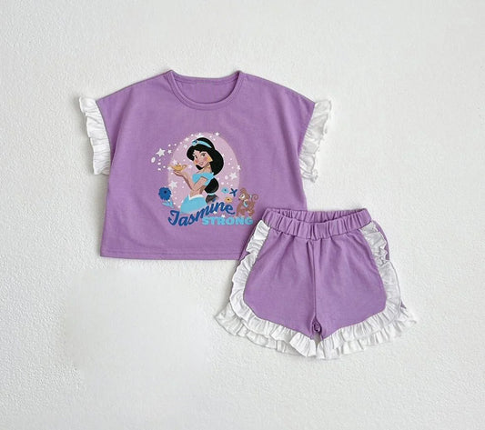 no moq GSSO2043 PRE-ORDER baby girl clothes disney princess purple short sleeve shorts set-2025.1.15