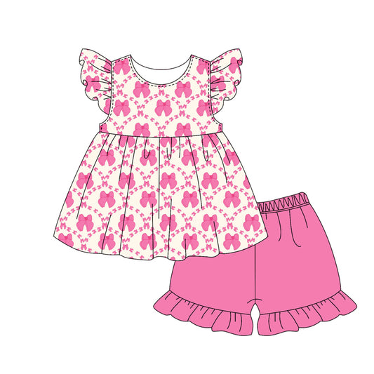 no moq GSSO2051 PRE-ORDER baby girl clothes bow flying sleeve shorts set-2025.1.16