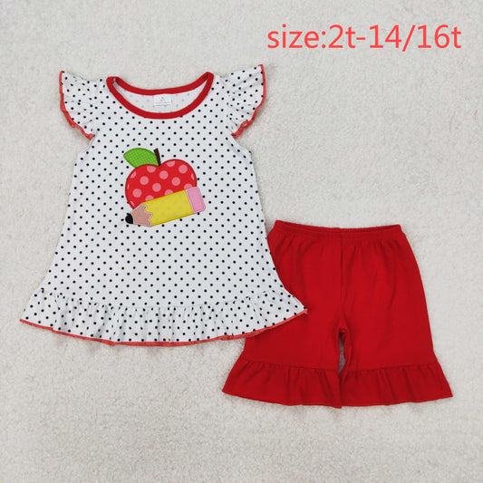 RTS NO MOQ ETA 5/7days Arrived GSSO2071 Embroidery Back to School Apple Pencil White Polka Dot Lace Flying Sleeve Red Shorts Set