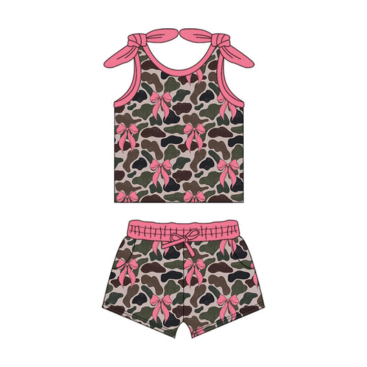 no moq GSSO2083 PRE-ORDER baby girl clothes camouflage bow suspender shorts set-2025.1.20