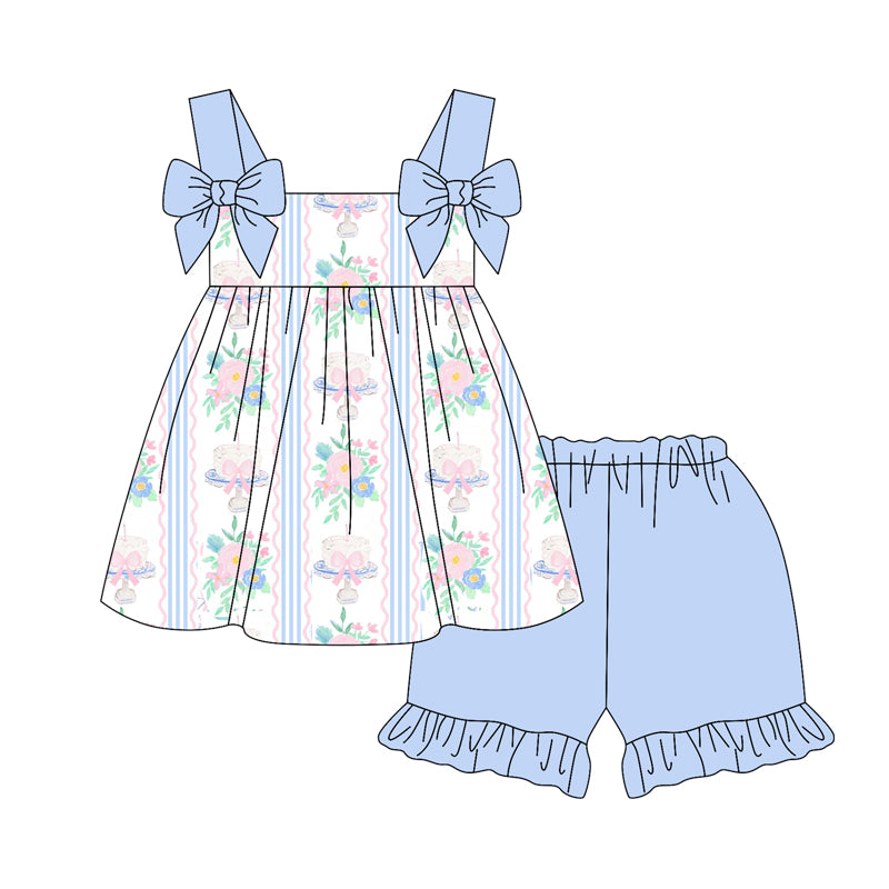 no moq GSSO2087 PRE-ORDER baby girl clothes floral suspender shorts set-2025.1.20