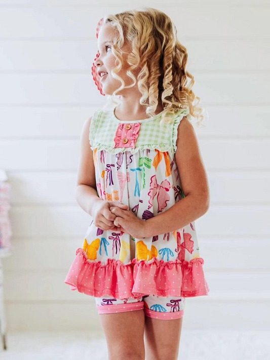 no moq GSSO2089 PRE-ORDER baby girl clothes bow suspender shorts set-2025.1.20