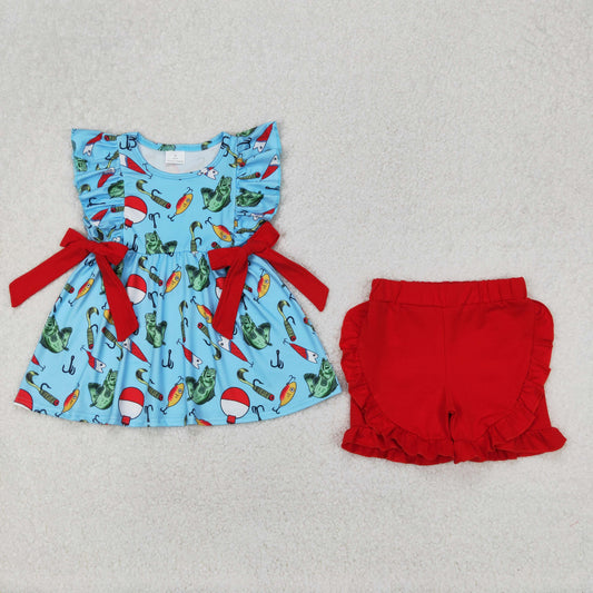 RTS NO MOQ ETA 5/7days Arrived GSSO2097 Fishing float red bow blue lace sleeve shorts set