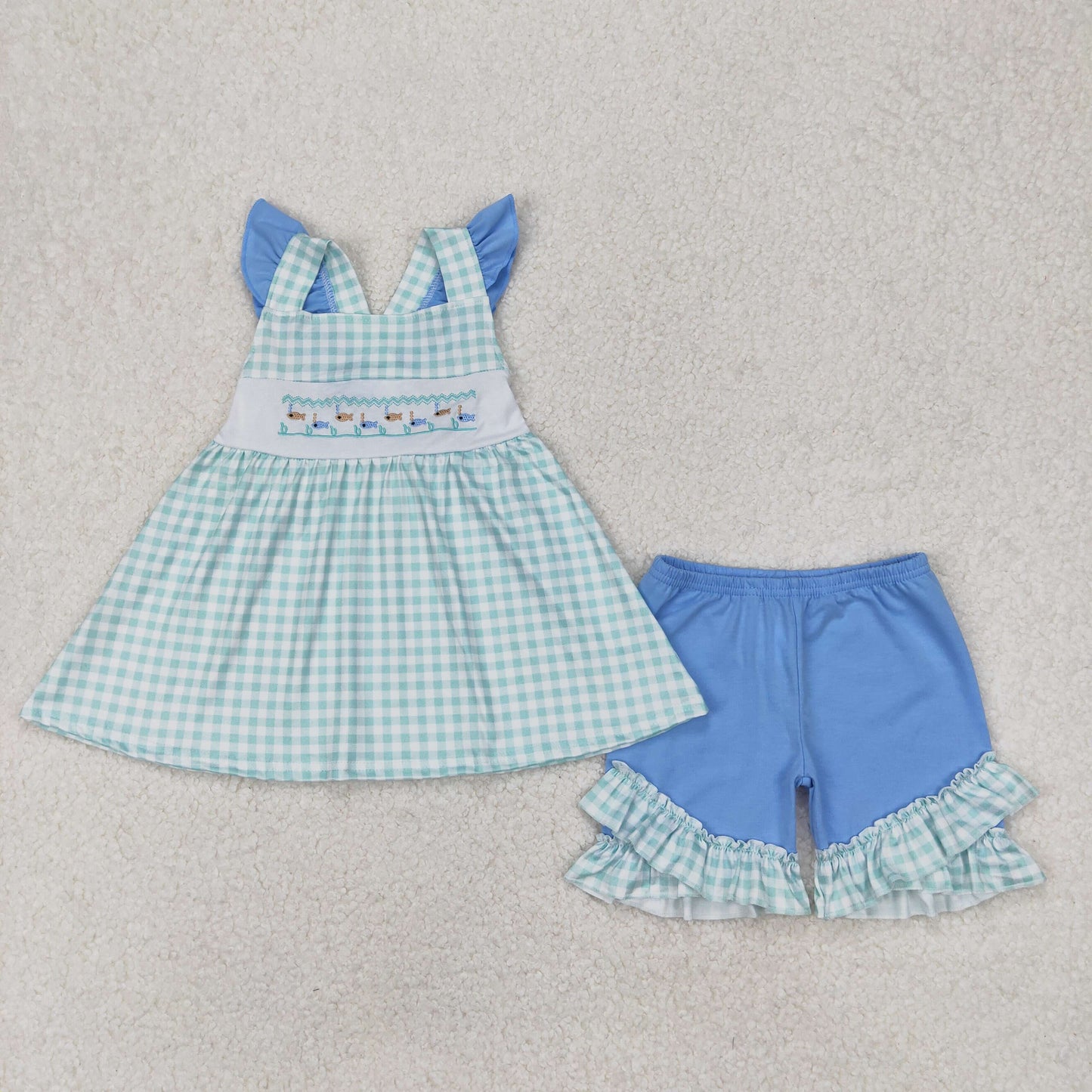 RTS NO MOQ ETA 5/7days Arrived GSSO2148 Embroidered Fish Green Plaid Flying Sleeve Blue Shorts Set