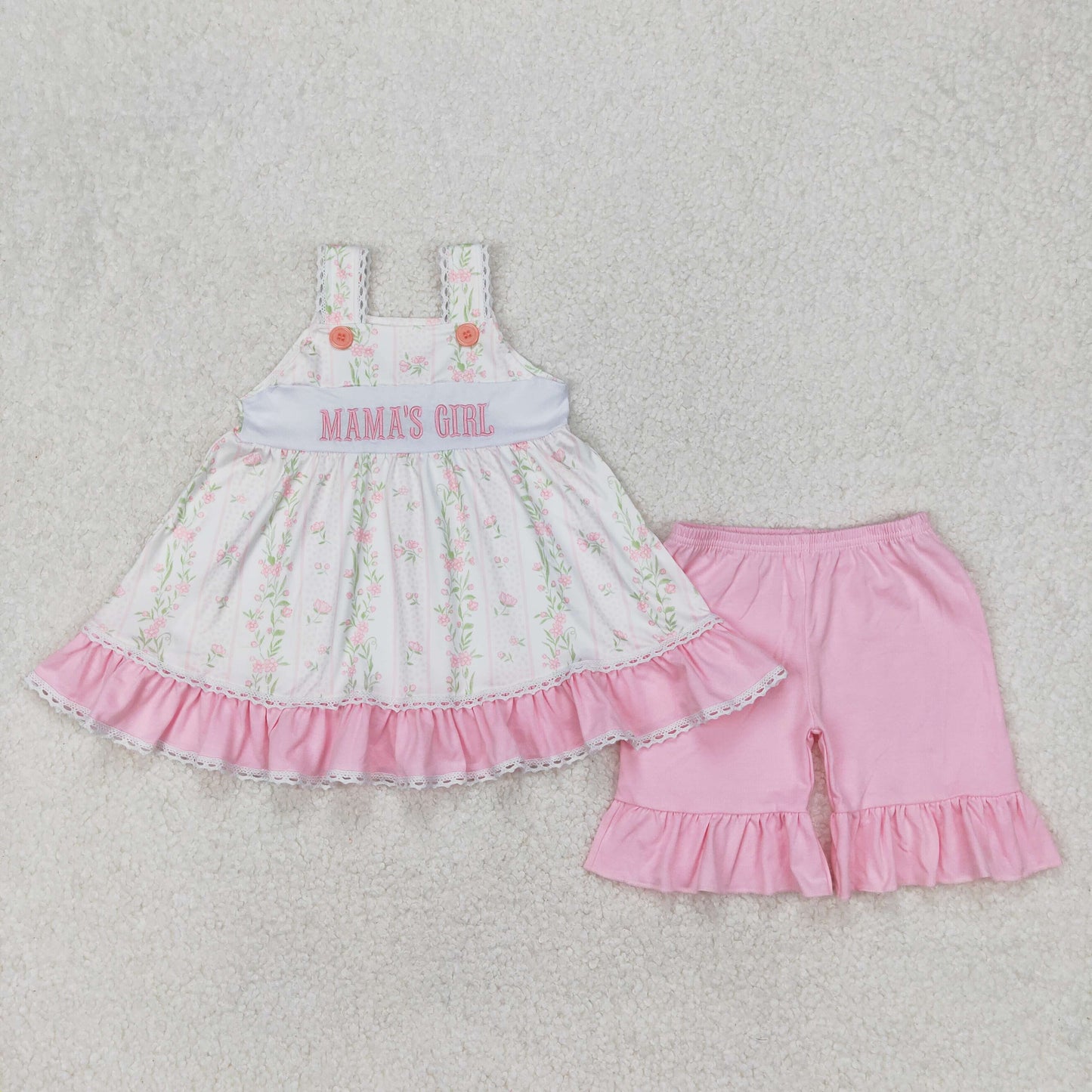 RTS NO MOQ ETA 5/7days Arrived GSSO2153 Embroidered MAMA'S GIRL flower pattern white suspenders pink shorts set