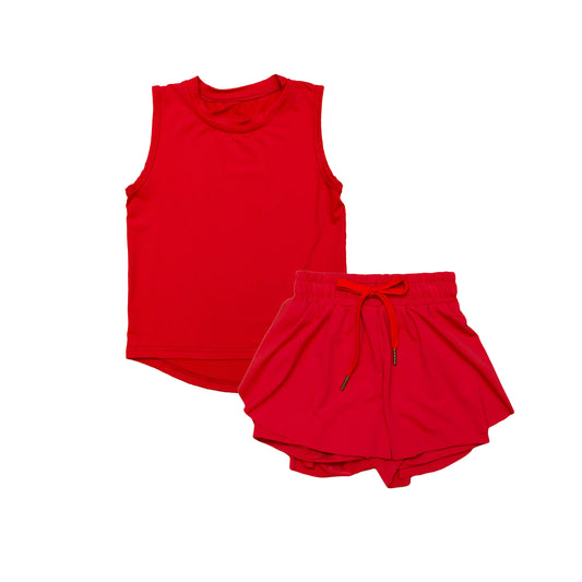 no moq GSSO2499 PRE-ORDER baby girl clothes red sleeveless skirts shorts set-2025.3.21