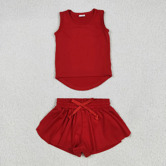 RTS NO MOQ Baby Girls Red Active Wear Sets Sleeveless Top Skorts Yoga Clothes for Kids