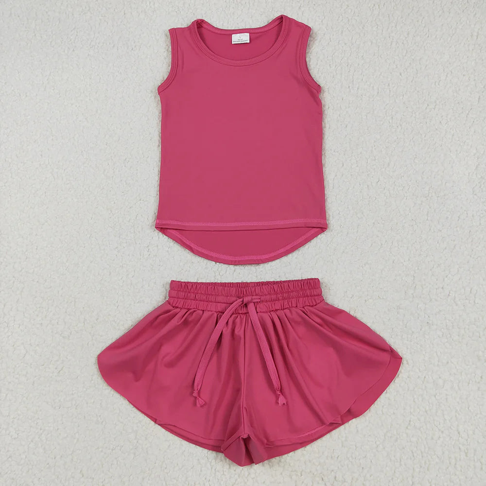 RTS NO MOQ Baby Girls' Yoga Set Hot Pink Sleeveless Top with Skorts for Kids' Comfortable Fashionable Outfit