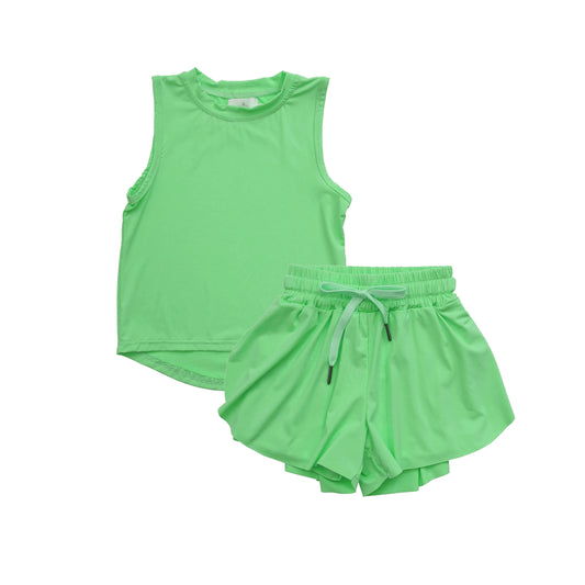 no moq GSSO2503 PRE-ORDER baby girl clothes green sleeveless skirts shorts set-2025.3.21