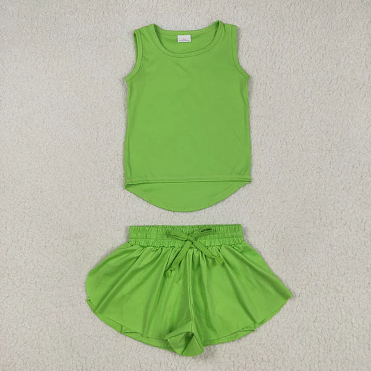 RTS NO MOQ Baby Girls Green Sleeveless Top Skorts Sets Cute Toddler Outfit Summer Casual Girls Clothing Set