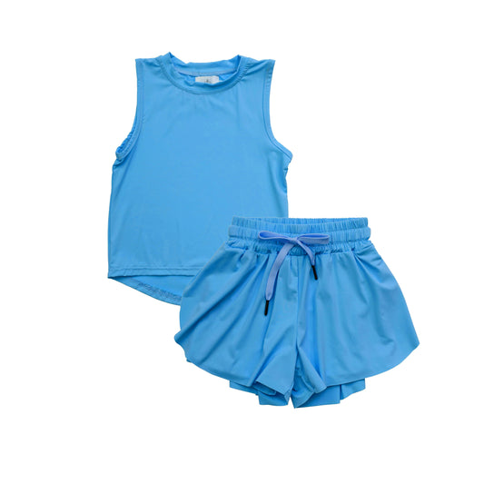 no moq GSSO2504 PRE-ORDER baby girl clothes blue sleeveless skirts shorts set-2025.3.21