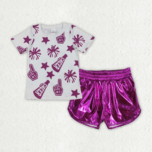 RTS NO MOQ GT0993+SS0412 cheer purple fireworks star white short-sleeved top shiny leather dark purple shorts set