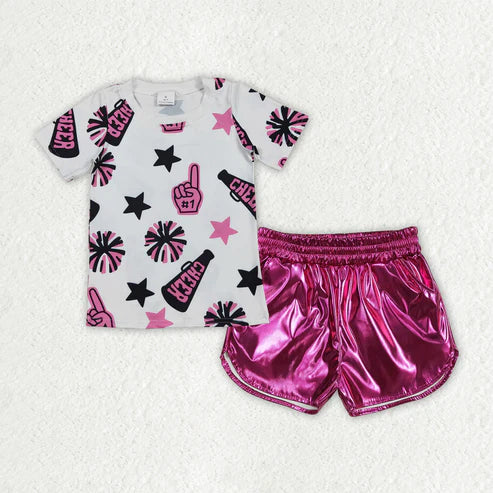 RTS NO MOQ Baby Girls Black Pink Leather Shorts Outfit Set Team Cheerleader Top And Bottoms Combo for Infants