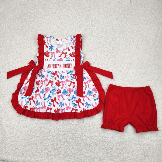 RTS NO MOQ GSSO2538 American honey letter National Day bow pattern red lace bow sleeveless shorts set
