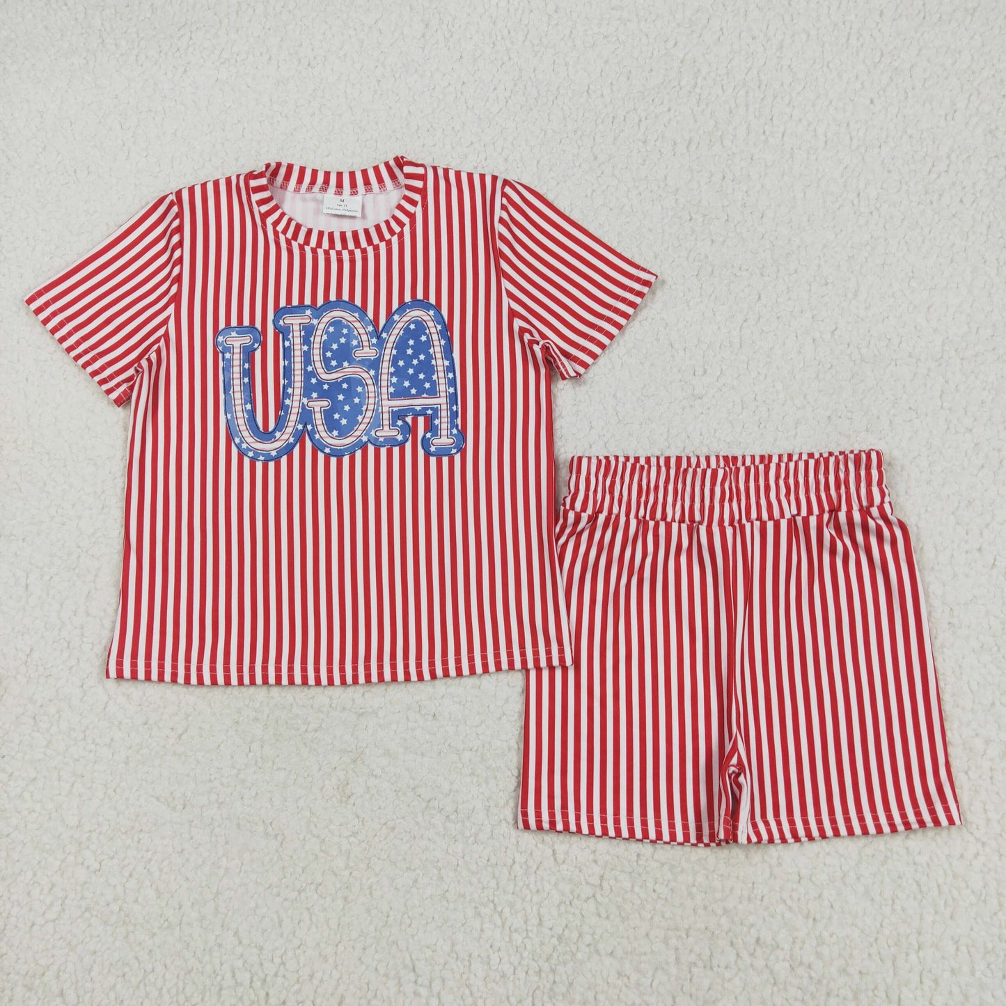 RTS NO MOQ GSSO2577 usa star letter red and white striped short sleeve shorts suit