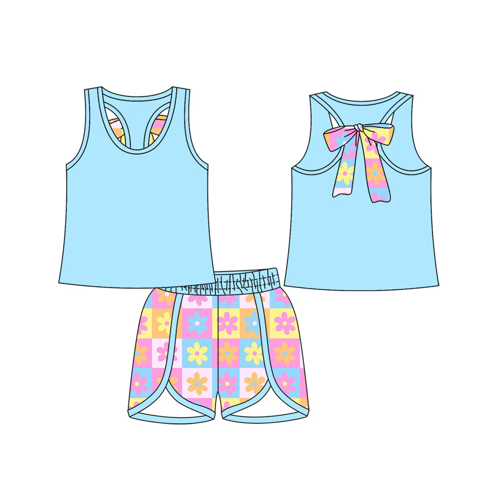 no moq GSSO2622 PRE-ORDER baby girl clothes floral blue sleeveless shorts set-2025.4.23