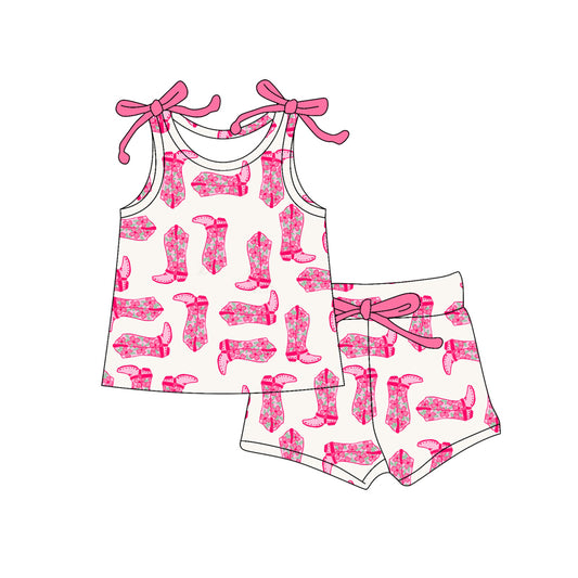 no moq GSSO2658 PRE-ORDER baby girls clothes boots pink suspender shorts set-2025.5.29
