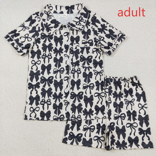 RTS NO MOQ（In Stock) GSSO2664 Adult female black bow pattern white short sleeve shorts pajama set