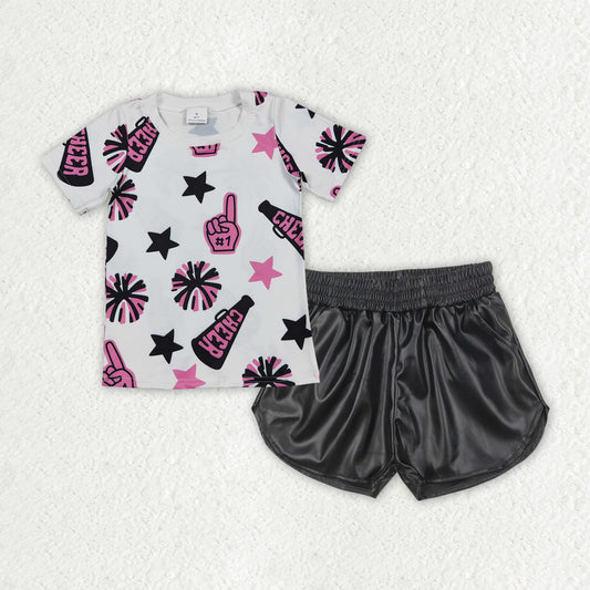 RTS NO MOQ GT0994+SS0413 cheer pink black fireworks star white short-sleeved top shiny leather black shorts sets