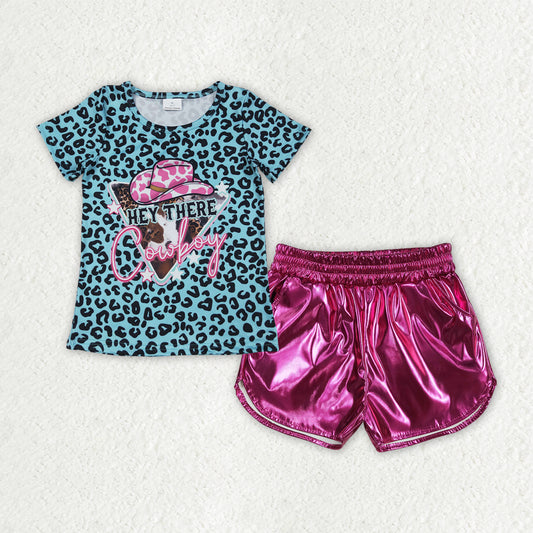 RTS NO MOQ GT0934+SS0414 cowboy hat leopard print blue short-sleeved top glossy leather rose red shorts sets-GSSO2692