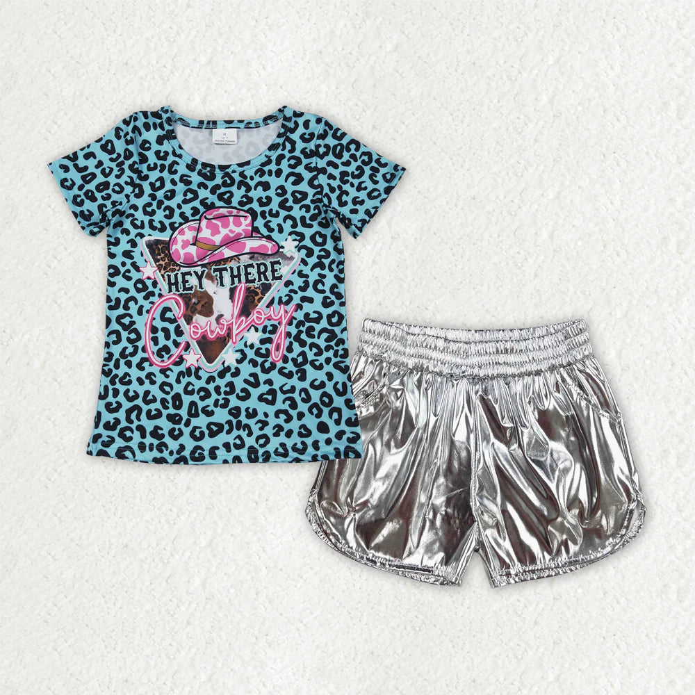 RTS NO MOQ Baby Girls Blue Leopard Print Cowboy Top And White Leather Shorts Outfit Set for Infants