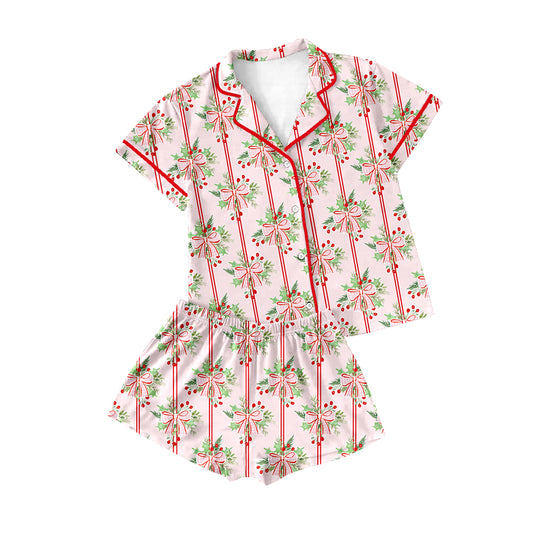 (Pre Order) No moq GSSO2707 Pre-order baby girl clothes Christmas bow short sleeve shorts sets -2025.9.16