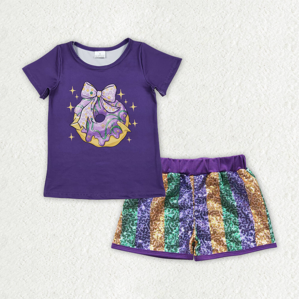 RTS NO MOQ（In Stock) GSSO2712 mardi gras bow short-sleeved top sequined shorts set-GT1252+SS0116