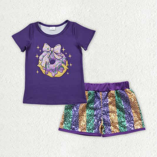 RTS NO MOQ（In Stock) GSSO2712 mardi gras bow short-sleeved top sequined shorts set-GT1252+SS0116