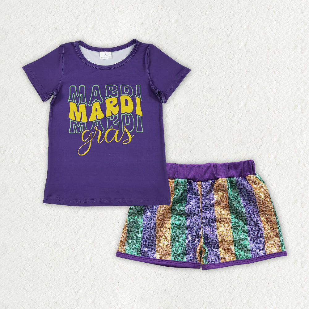 RTS NO MOQ（In Stock) GSSO2713 mardi gras bow short-sleeved top sequined shorts set-GT1253+SS0116