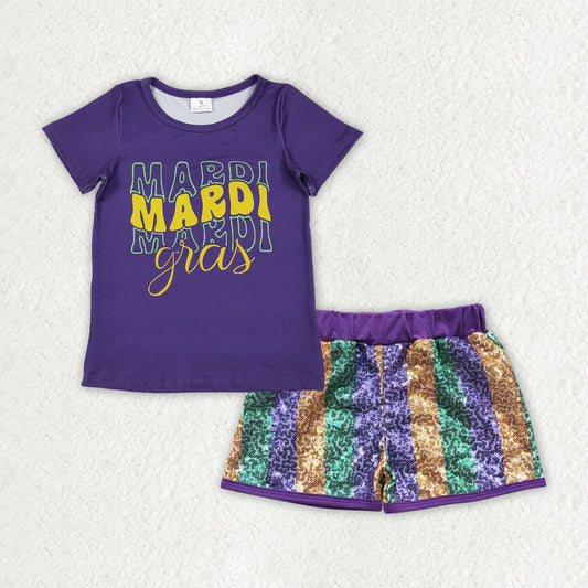 RTS NO MOQ（In Stock) GSSO2713 mardi gras bow short-sleeved top sequined shorts set-GT1253+SS0116