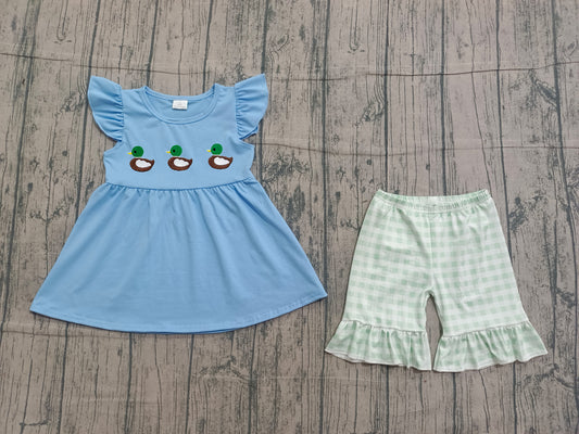 (Pre Order) No moq GSSO2728 Pre-order baby girl clothes embroidery duck blue flying sleeve shorts sets -2025.12.5